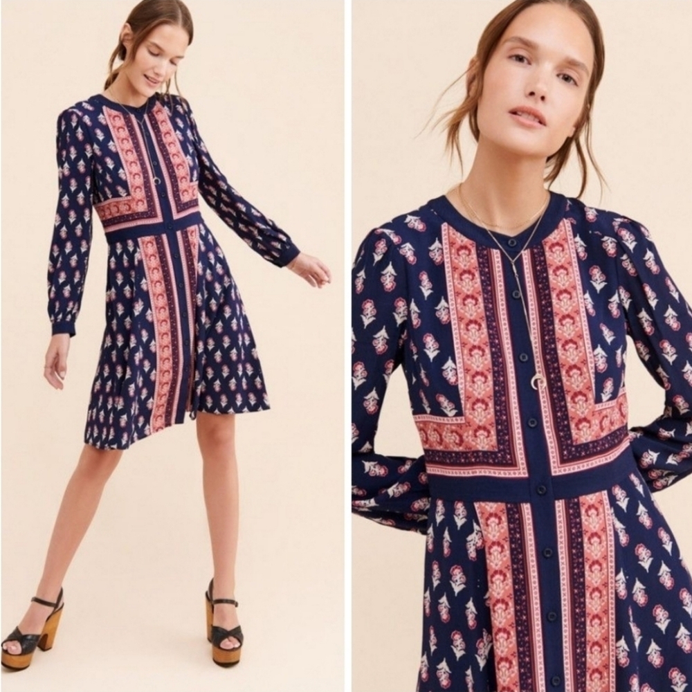 Gal Meets Glam Carlene Long Sleeve Woodblock Print Dress